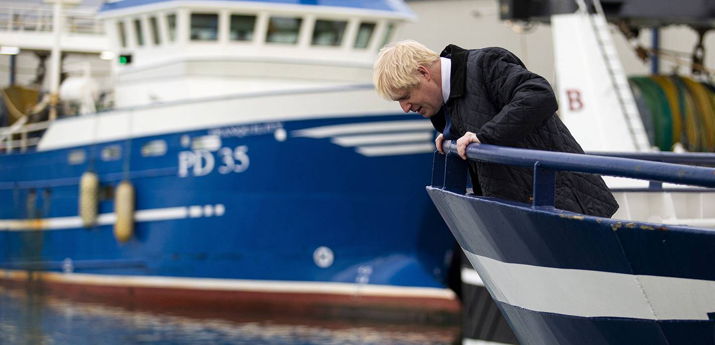 Britain's Prime Minister Boris Johnson is seen aboard the Opportunus IV fishing trawler in Peterhead